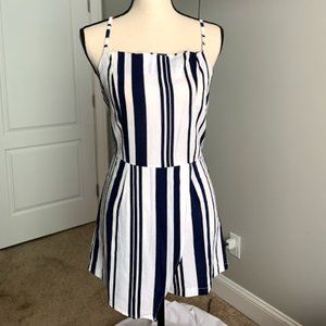 Blue & White Stripper Shorts Romper